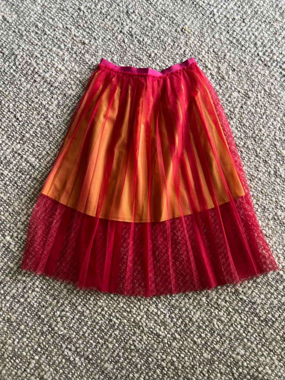 Two-Tone Pink and Orange Pleated Tulle Midi Skirt